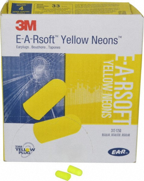 Earplugs 3M™ E-A-Rsoft™ Yellow Neon 312-1250 Pair/Poly Bag 200/Box (NRR33)