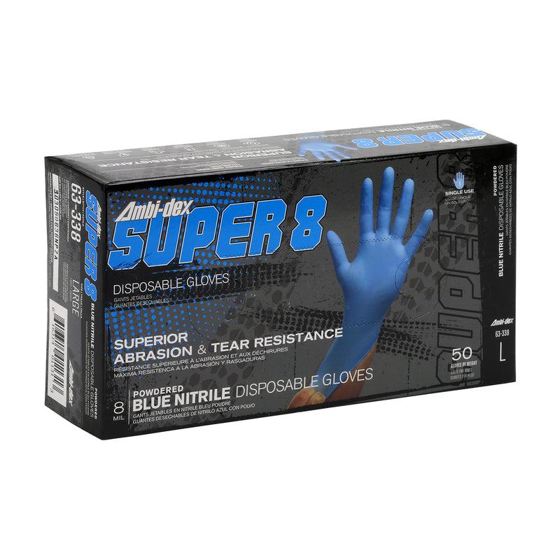 Disposable Nitrile Gloves - 8 mil Blue Powdered Textured Grip 50/box - Ambi-dex® Super 8 By PIP