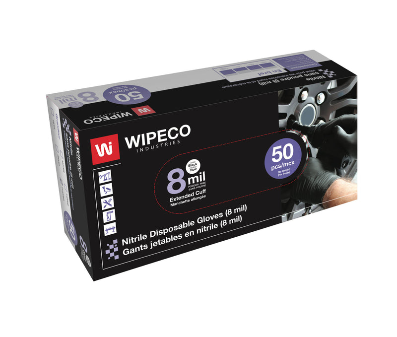 Disposable Nitrile Gloves - 8 mil Black - Powder-Free Textured 50/Box - DN850BKEC - Wipeco Industries