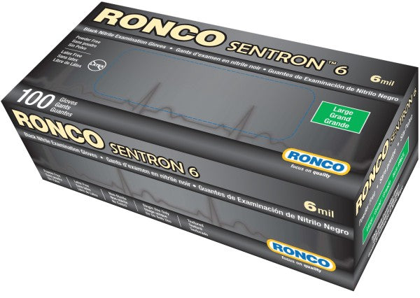 Disposable Nitrile Gloves - 6 mil Black Medical Examination Powder-Free & Textured 100/box - SENTRON™ Black By Ronco