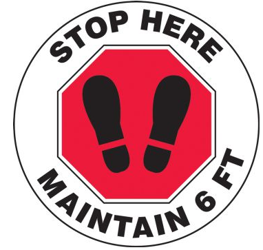 Covid-19 Sign  - "Stop Here Maintain 6Ft" - ACF MFS388 - Round Adhesive Floor Decal 12"